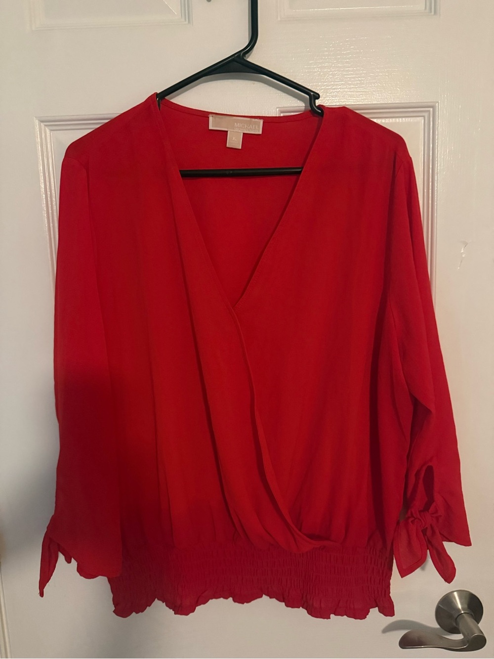 Michael Kors Red Wrap-Front Blouse with Tie Sleeves